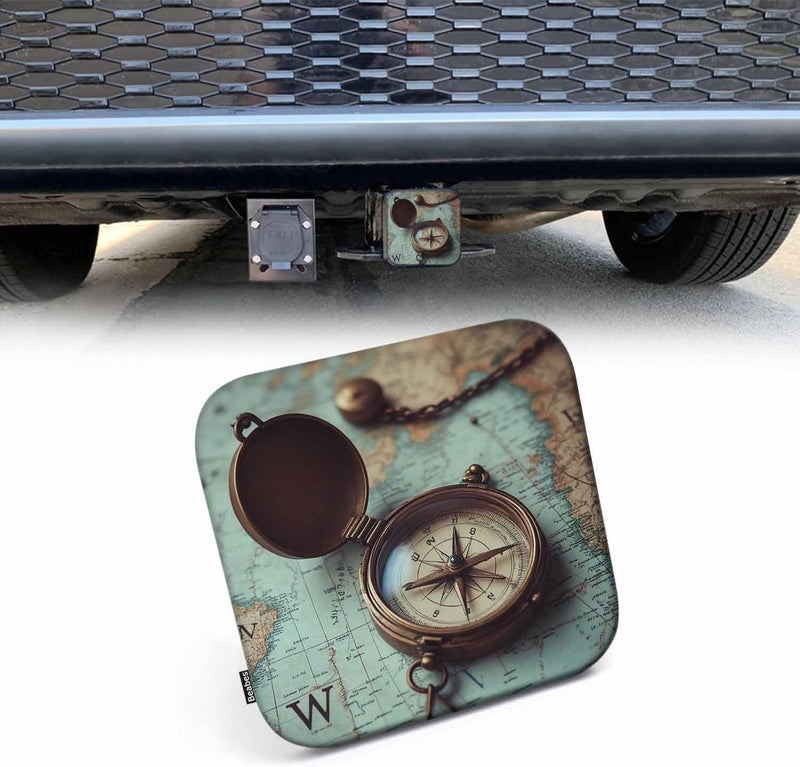 Beabes Trailer Hitch Covers Compass, Ancient World Map Compass Necklace Anti-Loss Hitch Cover Fits 2" Hitch Receivers for Trucks, Tough Receiver Tube Hitch Cover Plug for Cars - Image 1